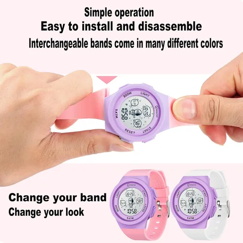 Miniatura 2 de Reloj deportivo digital para niños con correa desmontable LED eléctrico impermeable con alarma cronómetro luminoso para niños de 5 a 12 edades niñas