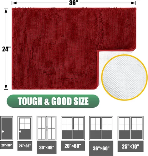 Miniatura 2 de IM HOME Felpudo absorbente de felpilla para exteriores, 36 x 24 pulgadas, lavable, tapete para puerta de perro, antideslizante, tapete para Rojo