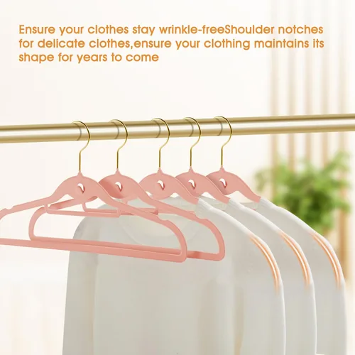 Miniatura 6 de Perchas de terciopelo resistentes para ropa, paquete de 20 unidades, color rosa claro, delgadas, apilables, antideslizantes, con gancho dorado