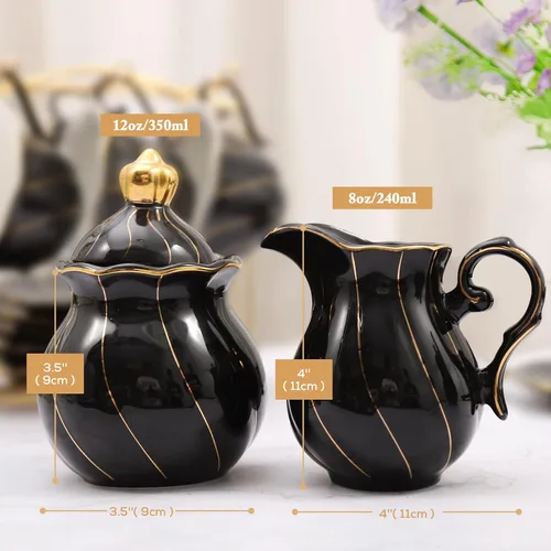 Miniatura 5 de DUJUST Black Cream & Sugar Set, diseño británico de lujo en bordes dorados, 1 azucarero con tapa (12 onzas), 1 crema (8 onzas), juego de crema