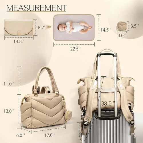 Miniatura 6 de Bolsa de pañales, mochila para pañales, bolsa de mano acolchada con funda para chupete, ligera mamá para hospital, hinchada con 10 bolsillos, bebé