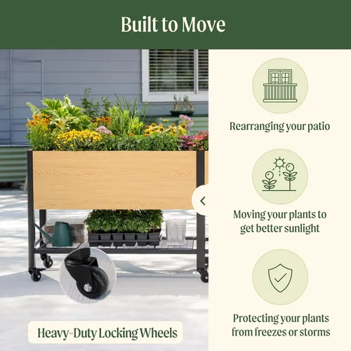 Miniatura 6 de Cama de jardín elevada con ruedas, macetas elevadas de grano de madera de metal de 2 x 4 pies con patas y estante de almacenamiento para patio