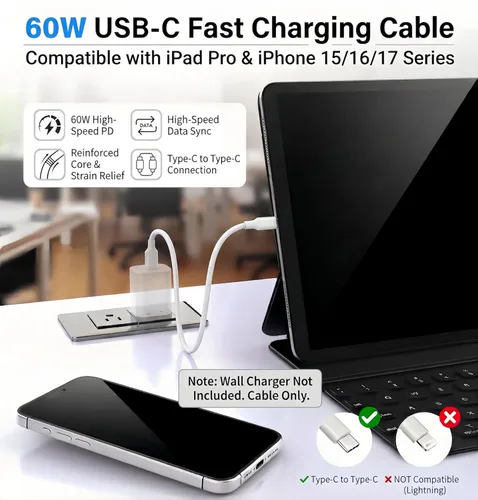 Miniatura 4 de Paquete de 4 [6 pies, 6 pies, 10 pies, 10 pies] Cable de carga rápida USB C a USB C de 60 W, para cable de carga de iPhone, cable de carga tipo C a