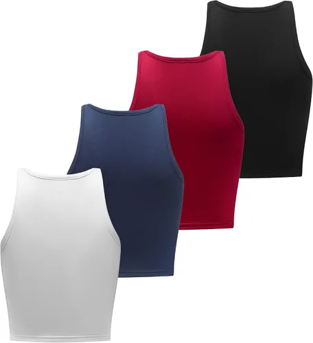 Miniatura 3 de Formeet17 4 piezas de camiseta corta básica sin mangas para mujer, cuello redondo