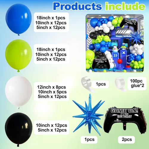 Miniatura 3 de Jobkoo Kit de Guirnalda de Arco de Globos de Videojuegos con Globos de Papel Metálico de Controlador de Juego Globos de Látex Azules Verdes Negros