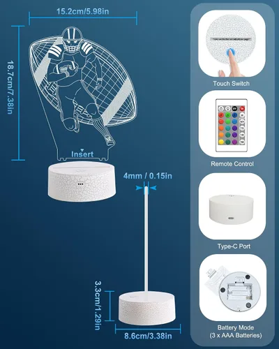 Miniatura 7 de Attivolife Luz nocturna de jugador de fútbol americano para niños, lámpara LED de ilusión de rugby 3D, 16 colores cambiantes con control remoto