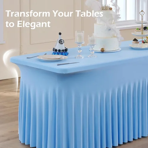 Miniatura 7 de Paquete de 2 manteles de elastano azul bebé de 6 pies con falda de mesa con volantes, manteles ajustables elásticos sin arrugas para mesas