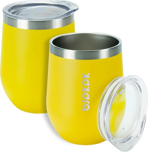 Miniatura 25 de BJPKPK 2 vasos de vino aislados de 12 onzas, tazas de café al vacío de doble pared de 12 onzas con tapa, vasos de vino de acero inoxidable A-verde