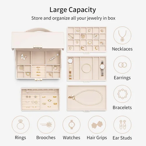Miniatura 3 de Vlando Caja organizadora de joyas grande de terciopelo, caja de almacenamiento de joyas de 5 capas con espejo y cerradura, bandeja apilable y 3