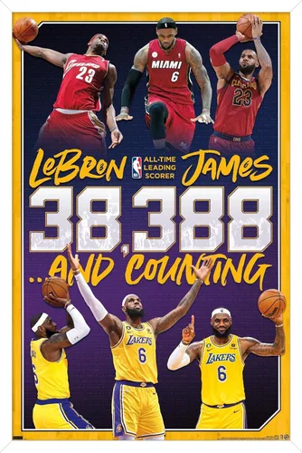 Miniatura 14 de NBA League - Póster de pared de LeBron James All-Time Scoring Leader, 22.4 pulgadas de largo x 14.7 pulgadas de ancho, versión enmarcada plateada