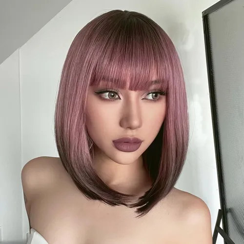 AISI BEAUTY Peluca de cabello sintético lacio y corto con flequillo, color rosa ceniza, de 12 pulgadas, para niñas, cosplay, fiesta