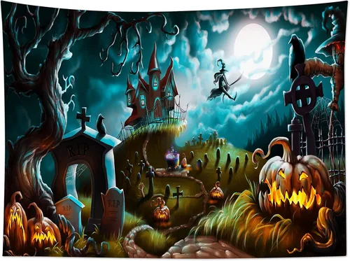 Miniatura 10 de HVEST Tapiz de noche de Halloween, tapiz para colgar en la pared, bosque embrujado con tumba y calabazas, manta de pared para dormitorio, sala