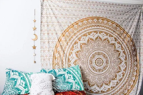GDONLINE Tapiz dorado degradado dorado, tapiz de mandala multicolor, diseño de mandala indio, arte de pared, hippie para colgar en la pared, tapiz