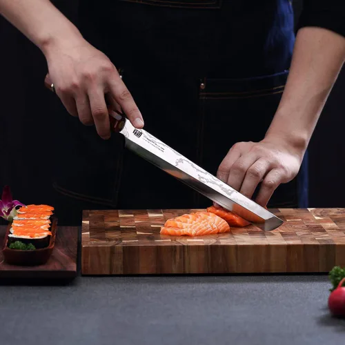 Miniatura 3 de FINDKING Cuchillo Sakimaru de la Serie Prestige con Funda de Nogal, Hoja de Acero Damasco Japonés SKD11, Mango Octagonal de Madera de Ébano