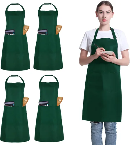 Paquete de 4 delantales de chef, delantal ajustable con 2 bolsillos, delantal unisex personalizado para cocinar, cocina, restaurante Verde