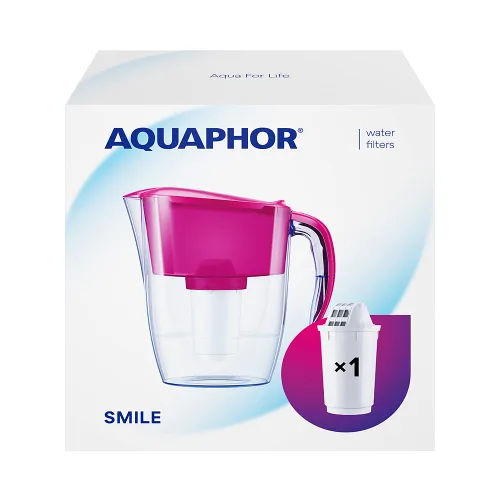 AQUAPHOR Smile - Jarra con filtro de agua, 2.9 L, se adapta a puerta de refrigerador, apta para estudiantes, ligera, ahorra espacio, incluye 1