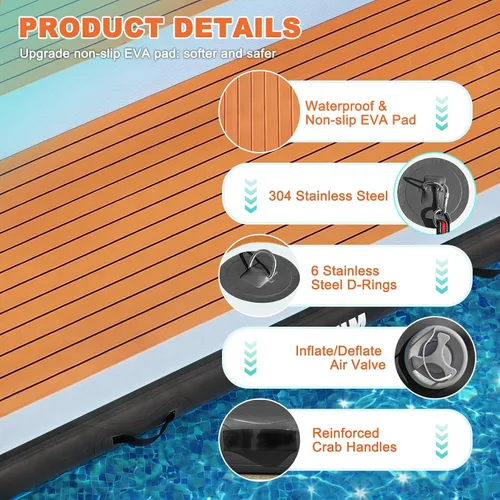 Miniatura 4 de AWSUM Plataforma de muelle inflable, superficie antideslizante de EVA de 8 a 15 pies, isla flotante resistente para lago, piscina, playa y océano