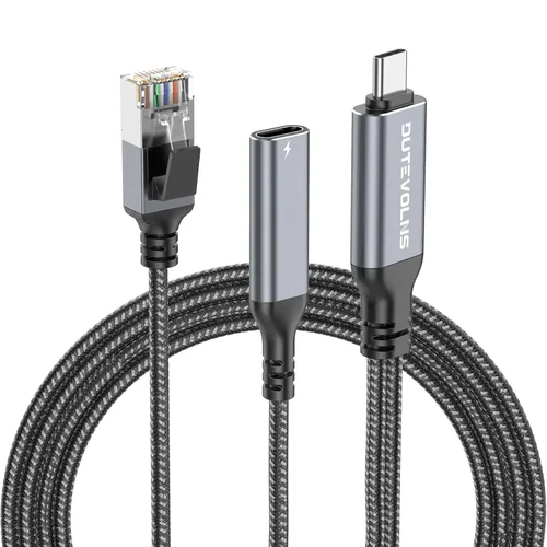 Miniatura 7 de Cable USB C a Ethernet y carga hembra de 6.6 pies, USB-C hembra 60 W PD y Gigabit LAN dos en uno, cable de nailon tipo C a RJ45, conectado