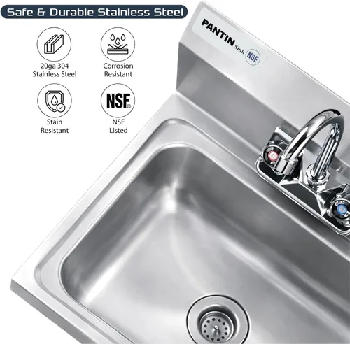 Miniatura 5 de Pantin Fregadero de mano comercial, fregadero de mano comercial de acero inoxidable para montaje en pared, fregadero de lavado de manos con grifo