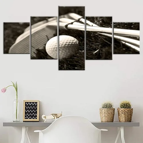 Miniatura 33 de Piezas de golf para decoración de pared, pinturas en blanco y negro, arte de pared para sala de estar, golf, deportes, obras de arte de 5 piezas
