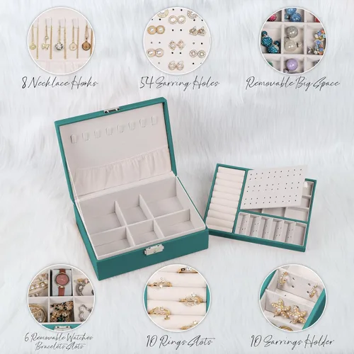 Miniatura 31 de Joyero para mujeres y niñas, contenedor organizador de joyas de 2 capas con cerradura, estuche de almacenamiento de piel sintética con bandeja