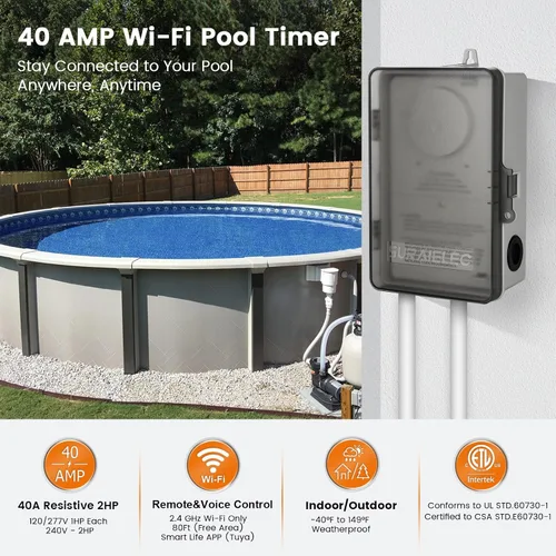 Miniatura 2 de SURAIELEC Temporizador de piscina WiFi, interruptor inteligente para interiores y exteriores, 40 amperios, 2 HP, 120, 240, 277 VAC, controlador