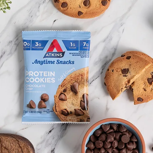 Miniatura 5 de Atkins Galleta de proteína con chispas de chocolate, postre proteico, rico en fibra, 0.11 onzas de carbohidratos netos, 0.04 oz de azúcar, apto