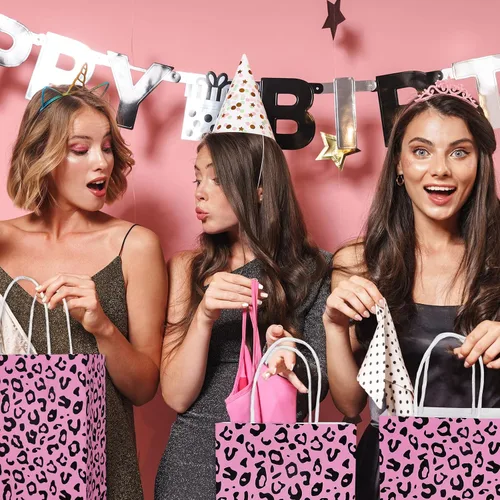 Miniatura 3 de Whaline 16 bolsas de regalo de papel con estampado de leopardo con asas, bolsa de regalo con estampado de animales rosados, bolsas de golosinas
