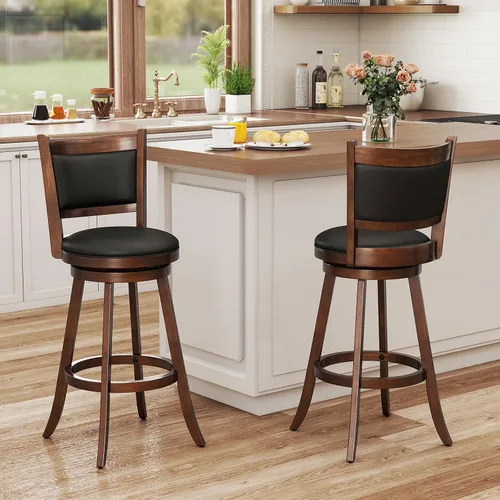 Miniatura 2 de COSTWAY Juego de 2 taburetes de bar, giratorios de 360 grados, taburete giratorio de madera con acento de altura, diseño tapizado de cuero, asiento