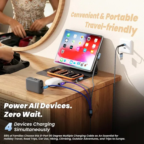 Miniatura 8 de Cargador de teléfono de 90 grados, cable de carga múltiple 4 en 2, cable USB C CarPlay con doble tipo C, micro USB, puerto IP, cable USBC de nailon
