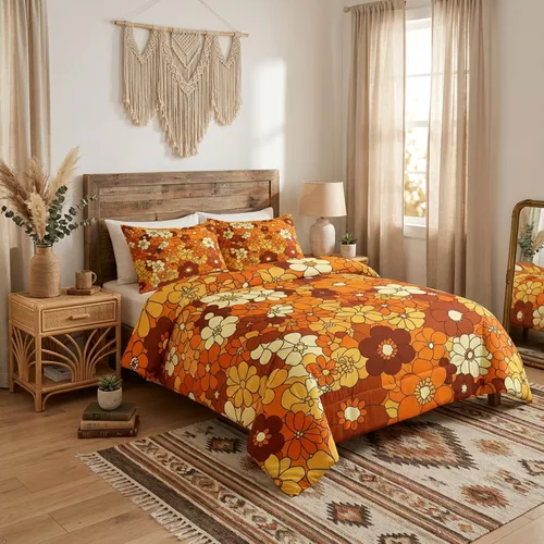 Miniatura 2 de Juego de ropa de cama con estampado floral bohemio, tamaño individual, diseño retro de flores groovy, 60S y 70S, juego de edredón de flores hippie