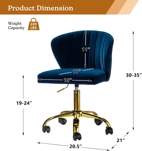 Miniatura 2 de TINA'S HOME Sillas de escritorio de oficina con ruedas y base dorada, moderna silla de oficina sin brazos de terciopelo linda, silla giratoria Azul