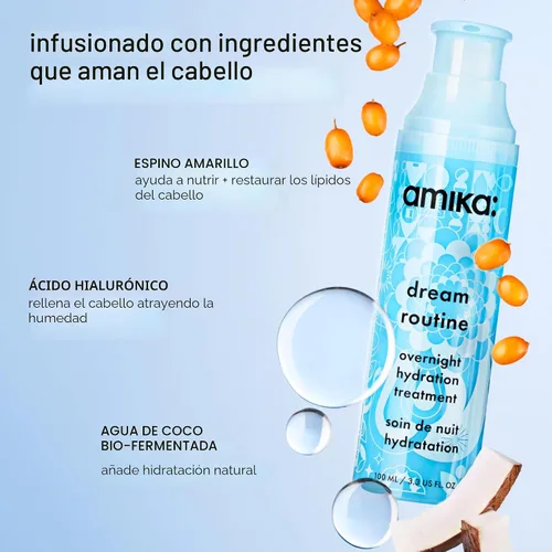 Miniatura 3 de Amika Dream Routine mascarilla capilar hidratante nocturna tratamiento sin enjuague para el cabello seco, ultrahidratante, con ácido hialurónico