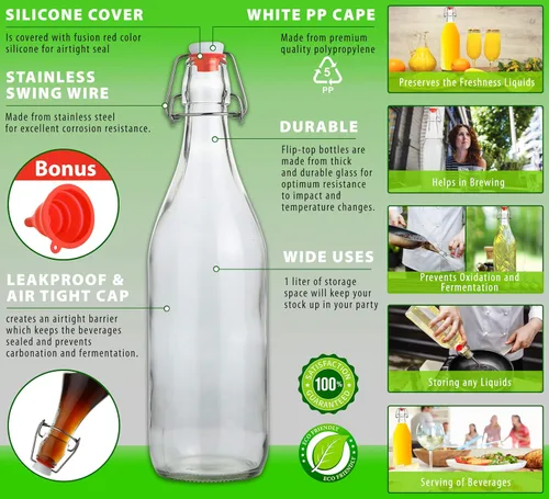 Miniatura 4 de AYL Botella de vidrio abatible [1 litro / 33 onzas líquidas] [Paquete de 4] – Botella de cerveza oscilante con tapón para bebidas, aceite, vinagre