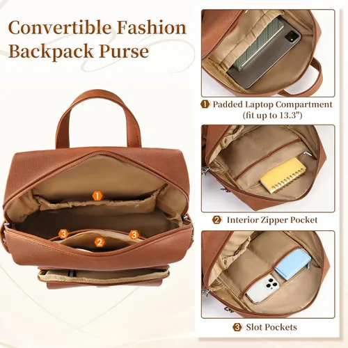 Miniatura 4 de RAINSMORE Mochila convertible para mujer, de piel sintética, impermeable, a la moda, de 13.3 pulgadas, antirrobo, bolsa de hombro cruzada