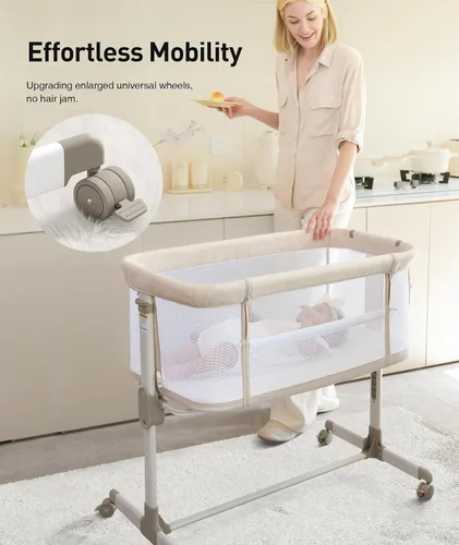 Miniatura 10 de Fodoss Cuna para Bebé al Lado de la Cama - Cuna con Malla Completa al Lado de la Cama con Ruedas, Cuna para Bebé Ajustable en 7 Alturas