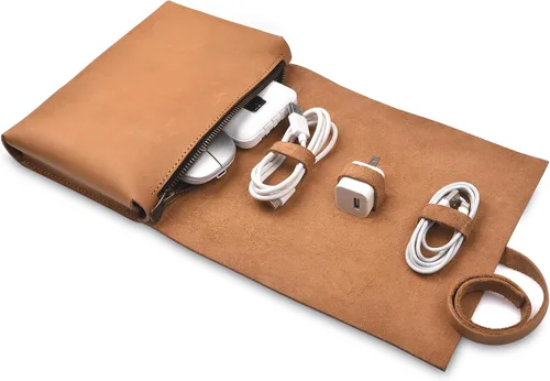 Miniatura 9 de Bolso de cuero para tecnología con cables y cargadores Bolso de tecnología Bolso de accesorio de viaje con cremallera Estuche organizador