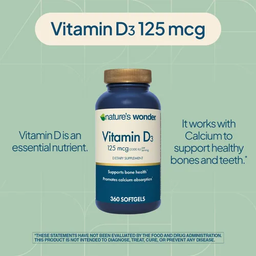 Miniatura 4 de Nature's Wonder Vitamina D3 5000iu (125mcg) de alta potencia, suplemento dietético para apoyar la salud ósea y el sistema inmunológico, sin gluten