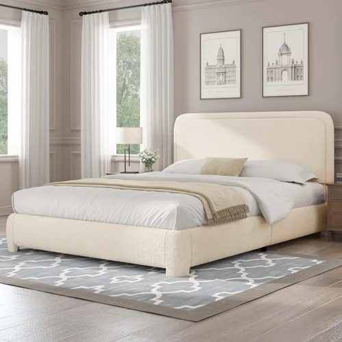 Miniatura 27 de BarnFurin Cloud Boucle - Base de cama de tamaño matrimonial, plataforma tapizada con cabecero, esquinas redondeadas suaves, no requiere somier, Beige