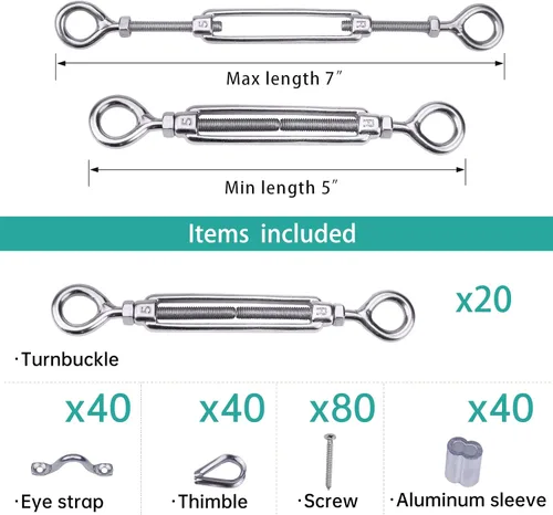 Miniatura 2 de Muzata Juego de 20 herrajes para barandillas de cable de 1/8 pulgadas, tensor resistente M5 de ojo a ojo para poste de madera T304 de acero