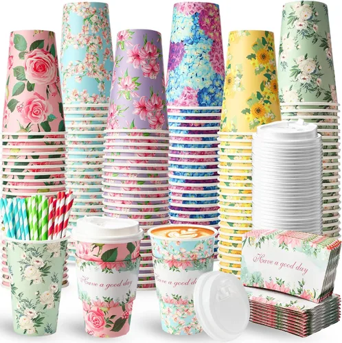 Miniatura 12 de Jingmore Juego de 120 tazas de café de papel desechables de 16 onzas con tapas, fundas para pajitas, vasos de papel para bebidas frías calientes