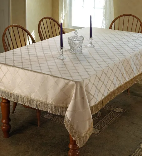 Miniatura 7 de Violet Linen Mantel con flecos con diseño de damasco de diamante, color beige, cuadrado de 54 x 54 pulgadas