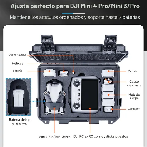 Miniatura 2 de Lykus Titan MM410 Estuche Rígido Impermeable para DJI Mini 4 Pro/Mini 3/Pro y RC2/RC/RC-N2/N1, Soporte para 7 baterías y cordón RC [ESTUCHE SÓLO]