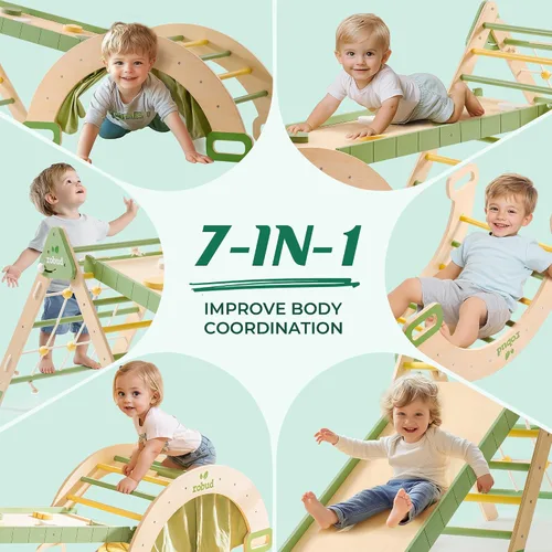 Miniatura 5 de ROBUD Juego de Triángulo Pikler 7 en 1, juguetes plegables de escalada de madera para niños pequeños, juego de escalada plegable Montessori con red
