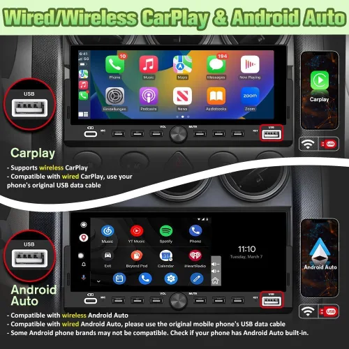 Miniatura 4 de Estéreo Universal Single Din para Automóvil con CarPlay Inalámbrico y Android Auto, Unidad Principal de Pantalla Táctil IPS de 6.86" con Cámara