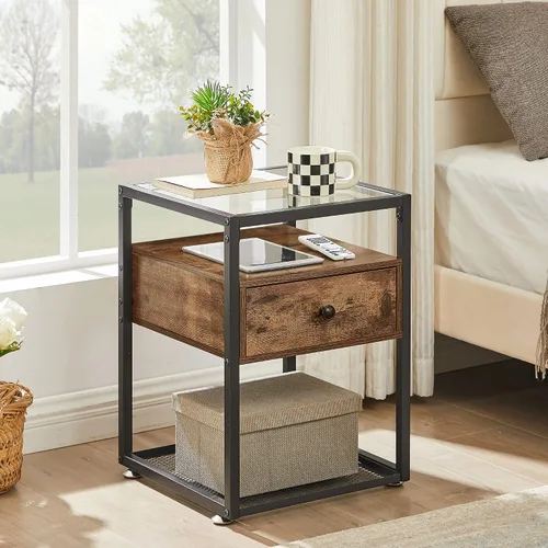Miniatura 9 de VECELO Mesita de noche moderna con cajón, mesita de noche para sala de estar, dormitorio, vidrio templado, gris