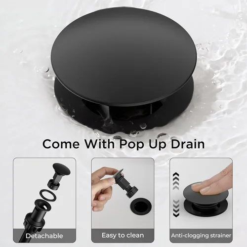 Miniatura 7 de FORIOUS - Grifos de baño negro mate de 1 agujero, grifo de lavabo de acero inoxidable con desagüe emergente de metal y manguera de suministro