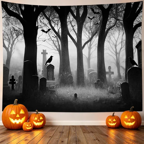 Miniatura 2 de LB Tapiz espeluznante de cementerio de Halloween, lápida aterradora con árboles muertos, tapiz de bosque para colgar en la pared, tapiz de fondo