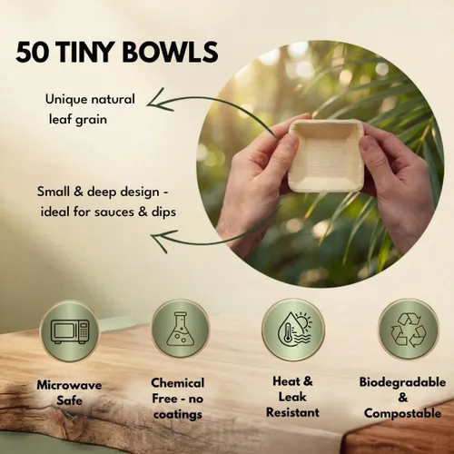 Miniatura 2 de Mini cuencos de hoja de palma de 3 pulgadas para salsas, aderezos para ensaladas, pequeños vasos desechables para salsa de soja, paquete de 50