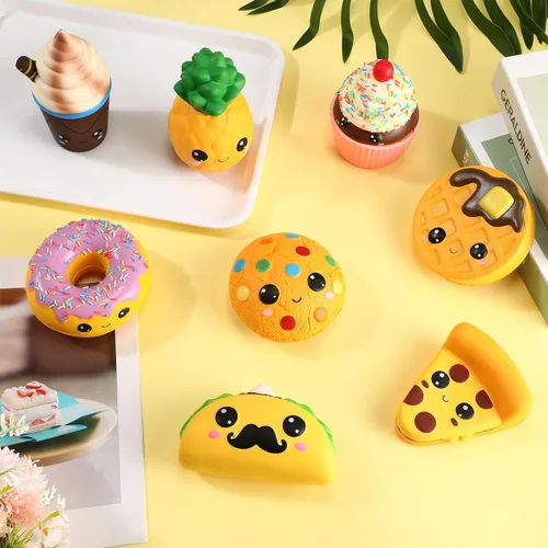 Miniatura 7 de Zhanmai 8 piezas de juguetes de crecimiento lento de espuma de comida, juguetes antiestrés en forma de perro caliente, pastel, pan, s'more, pizza